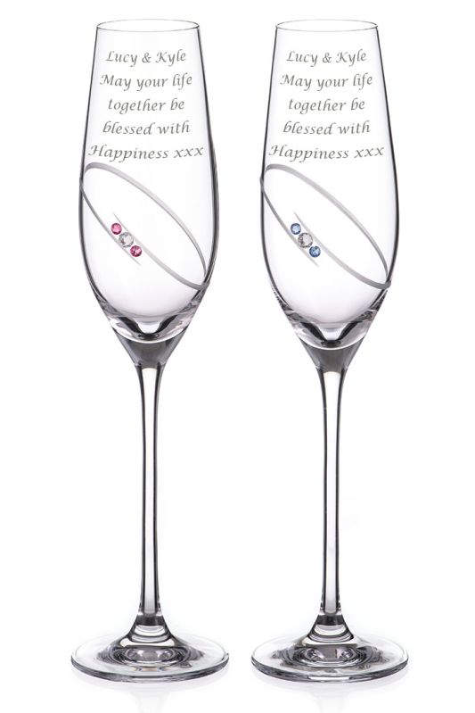 Personalised Ring Wedding Champagne Flutes | Blue & Pink Crystals
