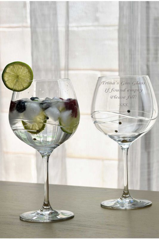 Personalised Gin Glass Pair - Diamante Satin Presentation Gift Box