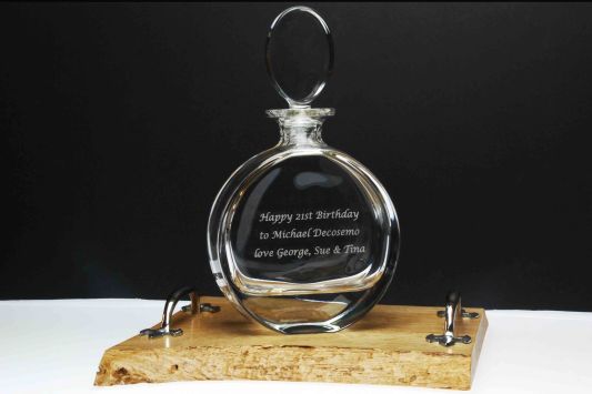 Engraved Severn Crystal Decanter and Handcrafted Oak Tray